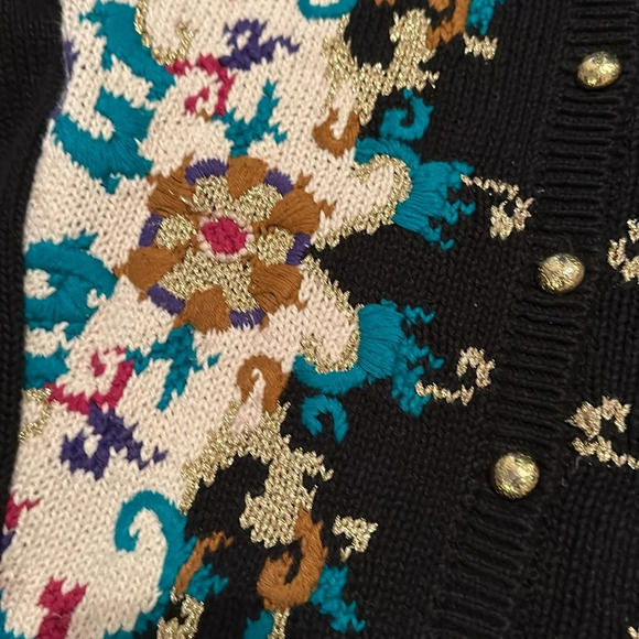 Vintage Casual Corner Gold Button Front Multicolor Embroidered Sweater Cardigan - Picture 3 of 4